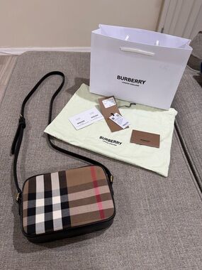 Burberry Classic Check Canvas Crossbody in Tan, Black & Red